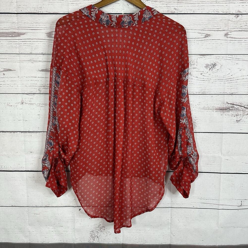 Free People Shirt Womens Medium Red Flowy Chiffon Floral Whimsical Blouse Hi Low - Picture 3 of 9